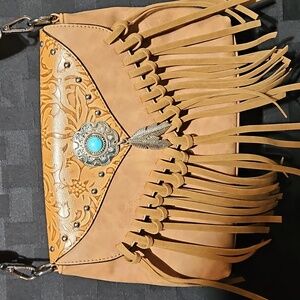 Suede/Tooled Leather Fringed Shoulder Crossbody Bag w/Silver & Turquoise Concho